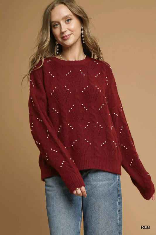Umgee Pearl-Embellished Long Sleeve Sweater - Trendsi - Flyclothing LLC