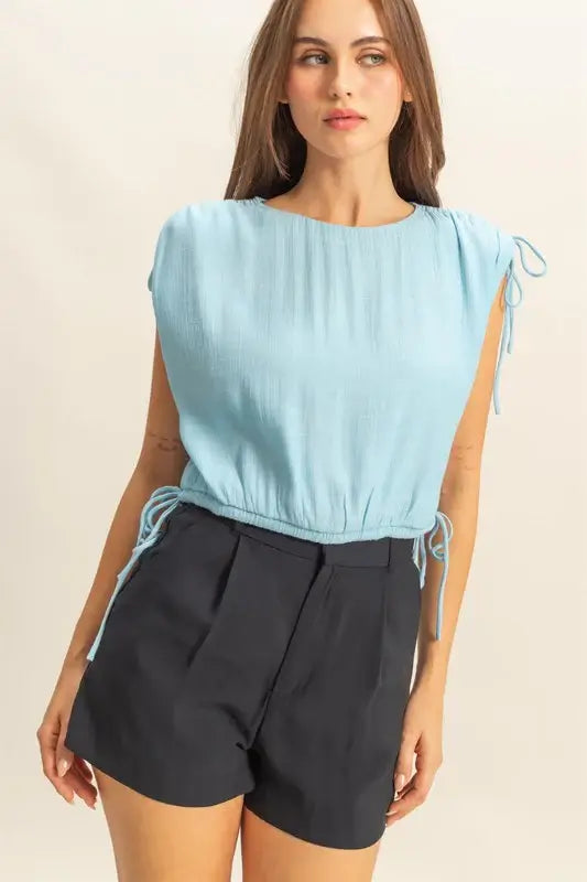HYFVE Bubble Hem Side Tie Detail Round Neck Sleeveless Blouse - Trendsi - Flyclothing LLC