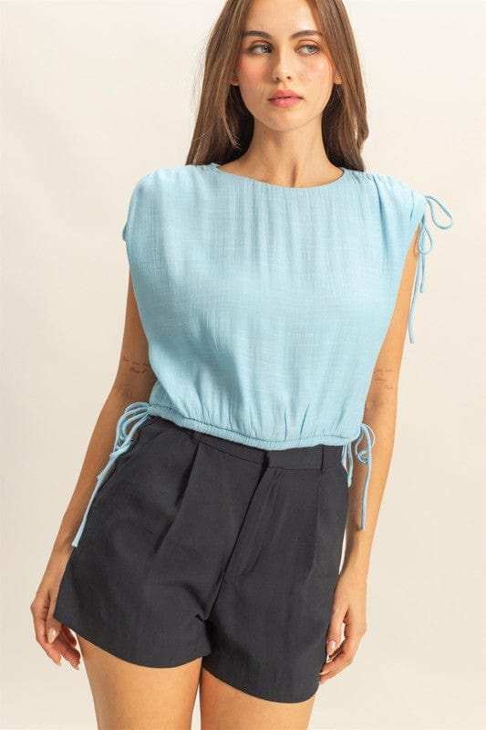 HYFVE Bubble Hem Side Tie Detail Round Neck Sleeveless Blouse - Trendsi - Flyclothing LLC