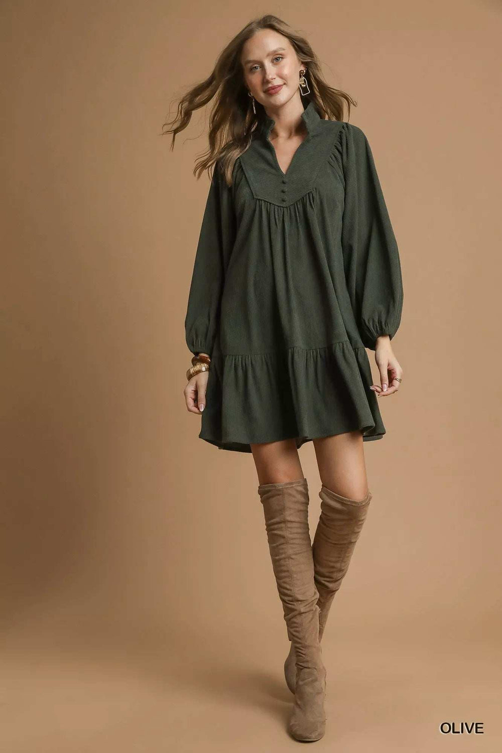 Umgee Corduroy Tiered Babydoll Dress - Trendsi - Flyclothing LLC