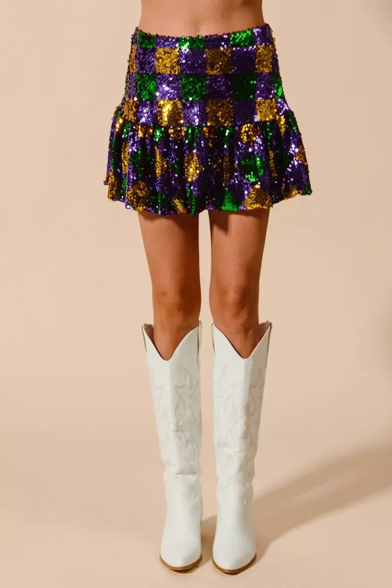 SO ME Mardi Gras Checker Sequins Mini Skirt - Trendsi - Flyclothing LLC
