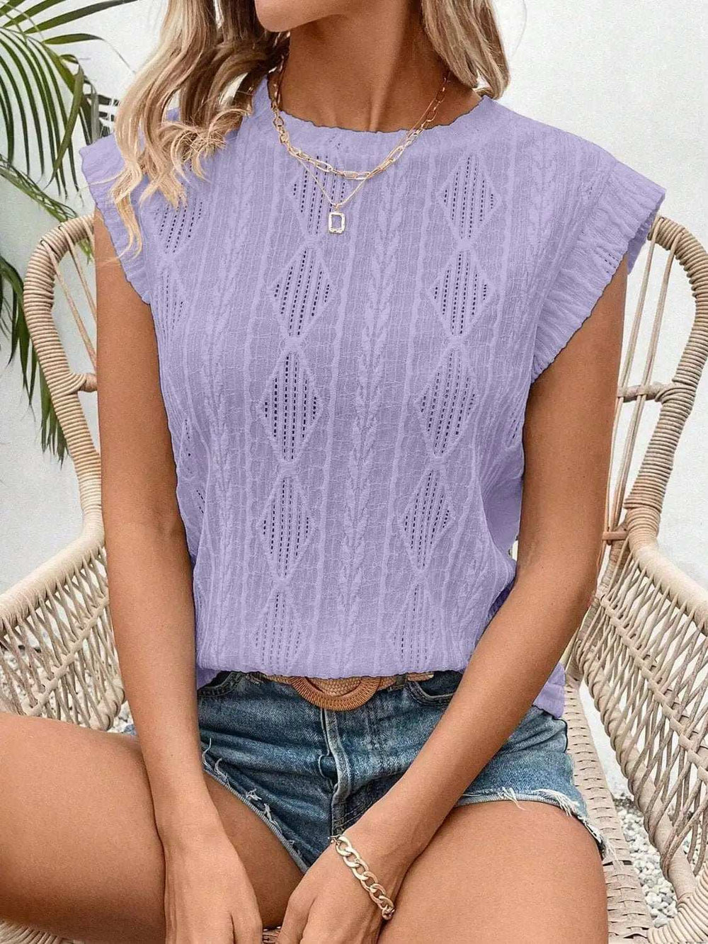 Openwork Round Neck Cap Sleeve Top - Trendsi - Flyclothing LLC