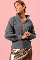 SO ME Half Zip Raglan Balloon Sleeves Ribbed Sweater - Trendsi - Flyclothing LLC