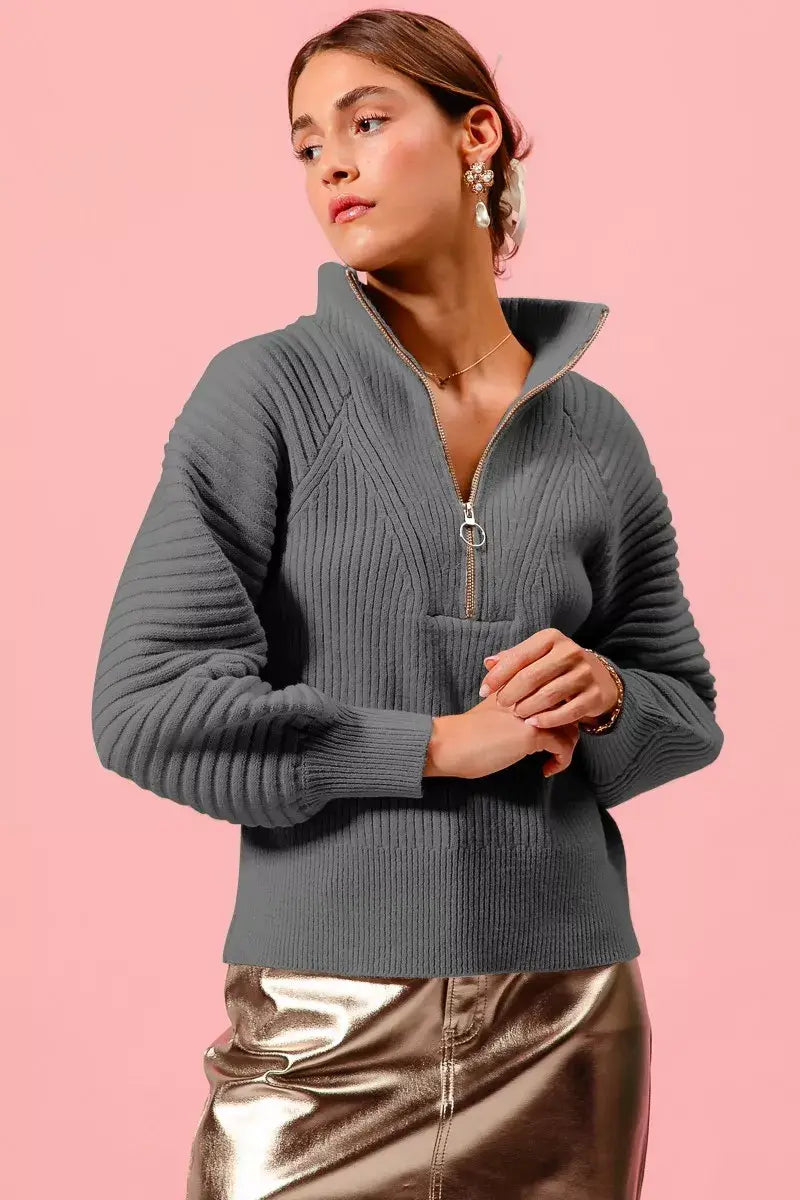 SO ME Half Zip Raglan Balloon Sleeves Ribbed Sweater - Trendsi - Flyclothing LLC