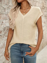 V-Neck Short Sleeve Knit Top - Trendsi - Flyclothing LLC