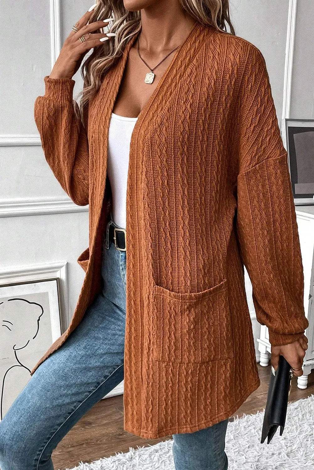 Textured Pocketed Open Front Long Sleeve Cover Up - Trendsi - Flyclothing LLC