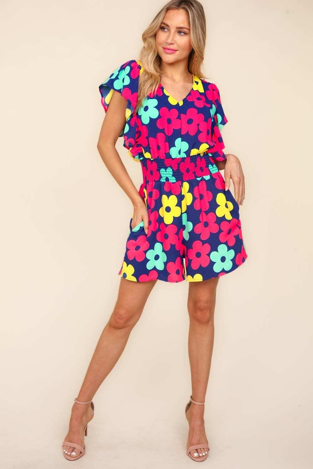 Haptics Floral Smocked Waist Romper with Side Pockets - Trendsi - Flyclothing LLC