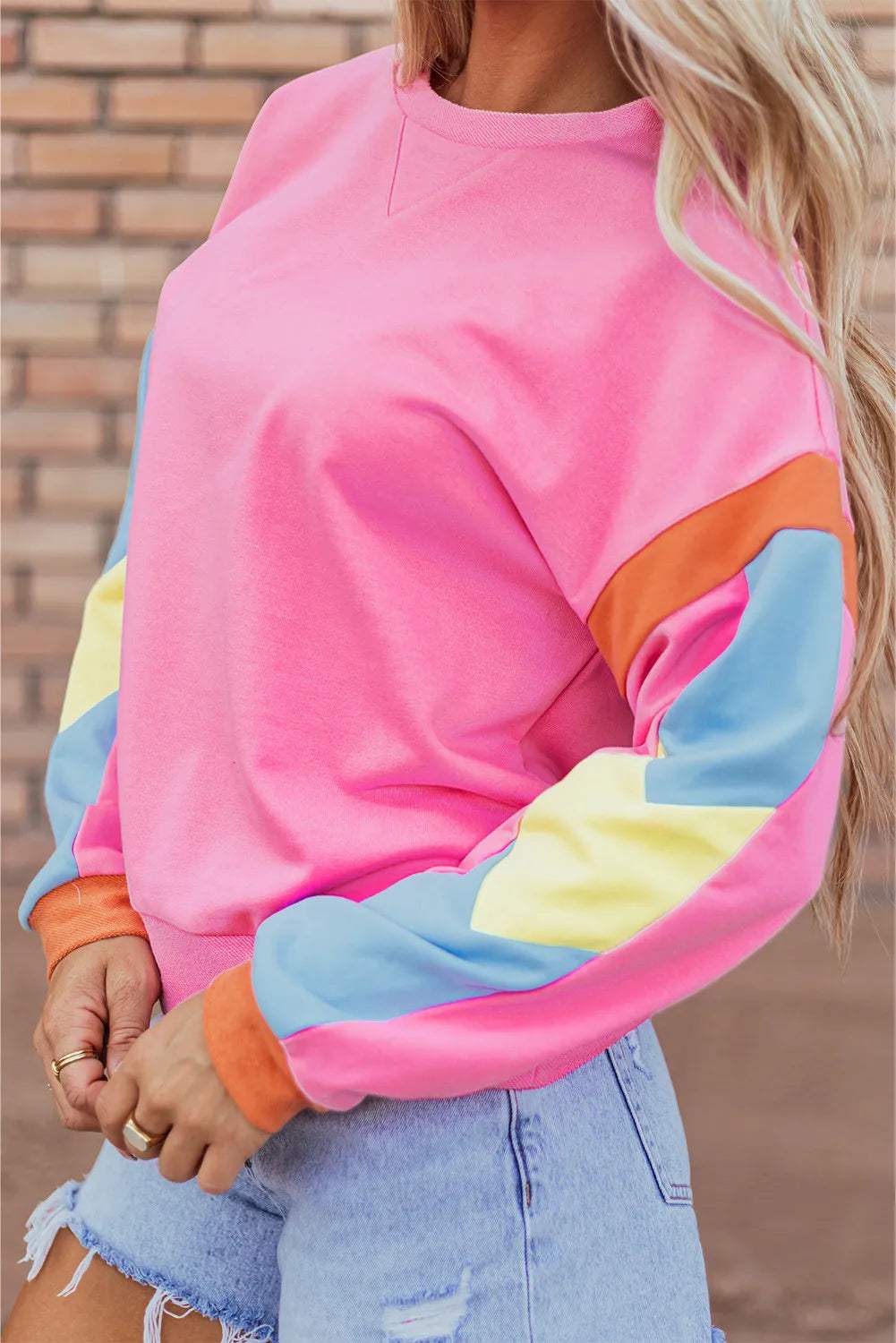 Contrast Round Neck Long Sleeve Top - Trendsi - Flyclothing LLC