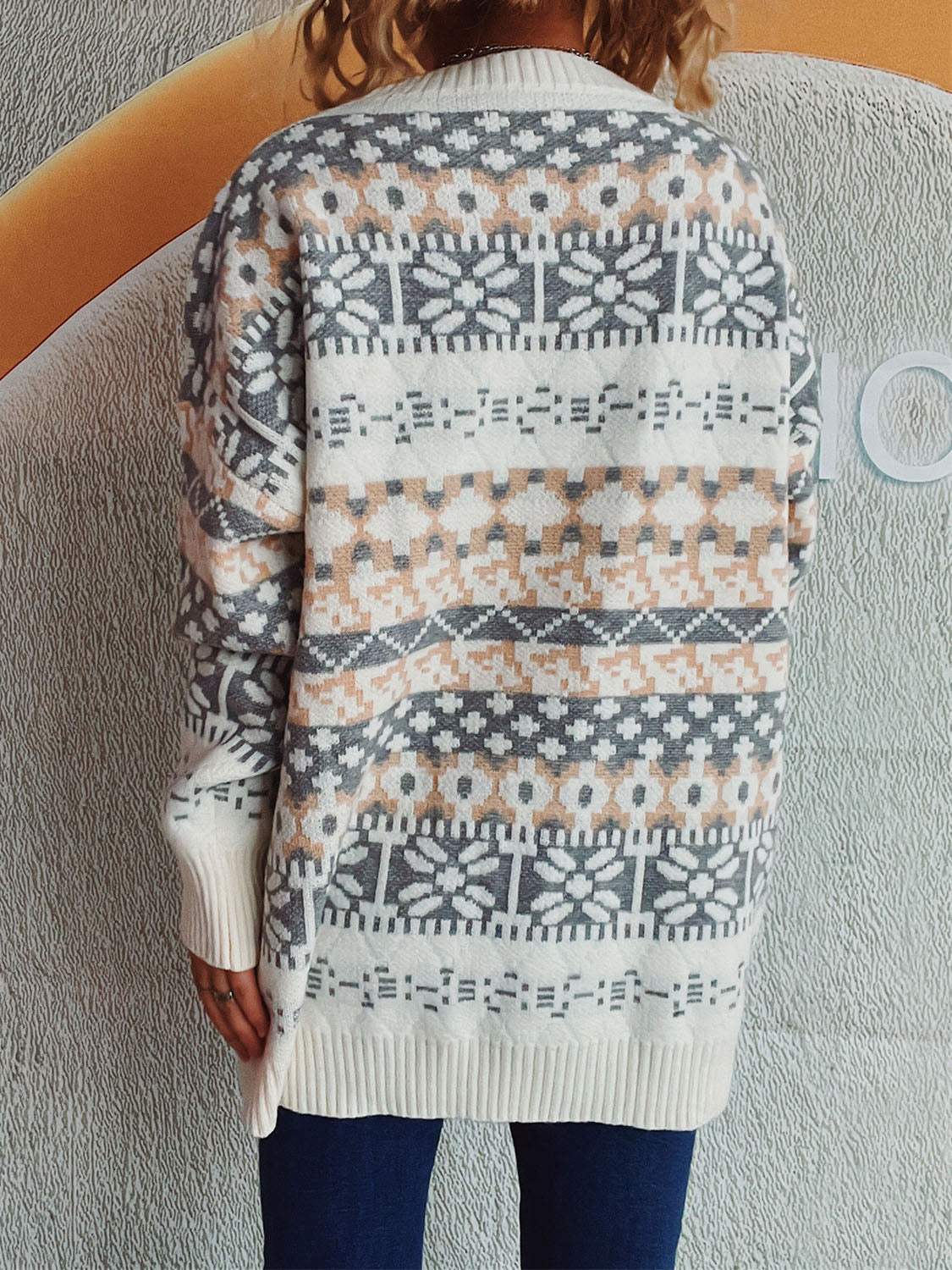 Geometric Round Neck Dropped Shoulder Sweater - Trendsi - Flyclothing LLC