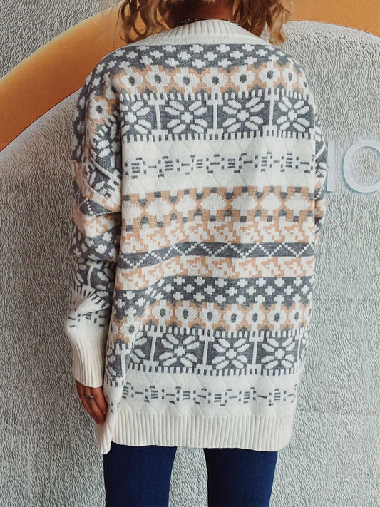 Geometric Round Neck Dropped Shoulder Sweater - Trendsi