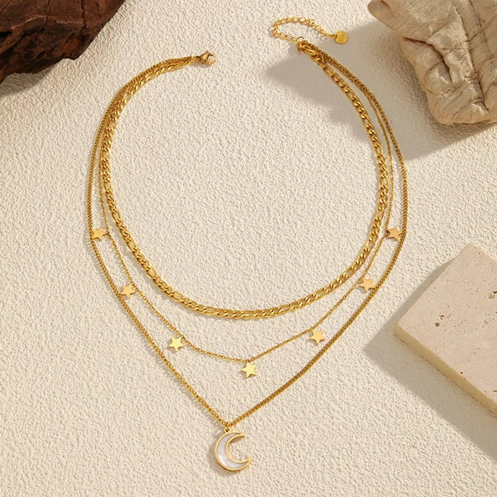 18K Gold-Plated Moon Three-Layered Necklace - Trendsi - Flyclothing LLC