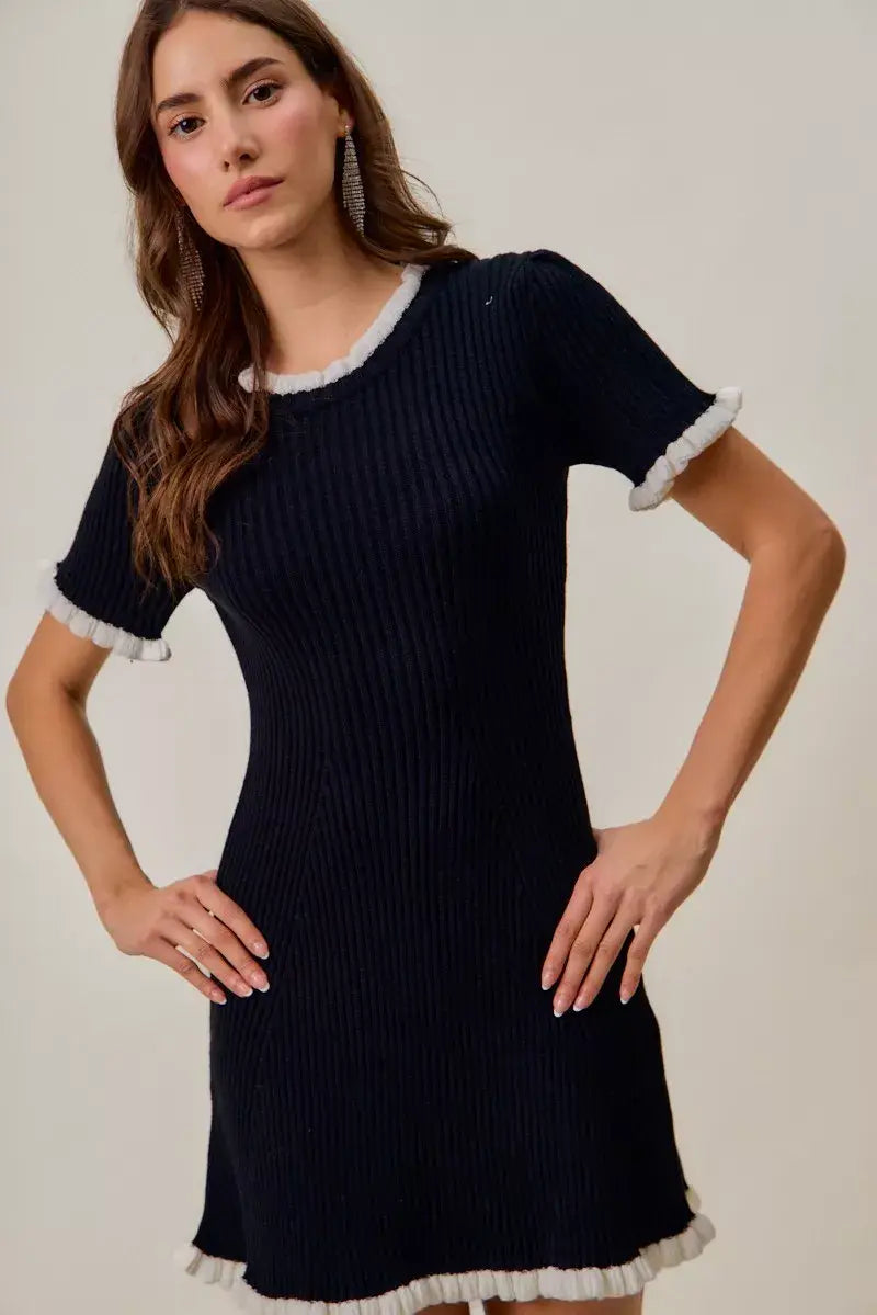 SO ME Contrast Ruffled Sweater Knit Mini Dress - Trendsi - Flyclothing LLC