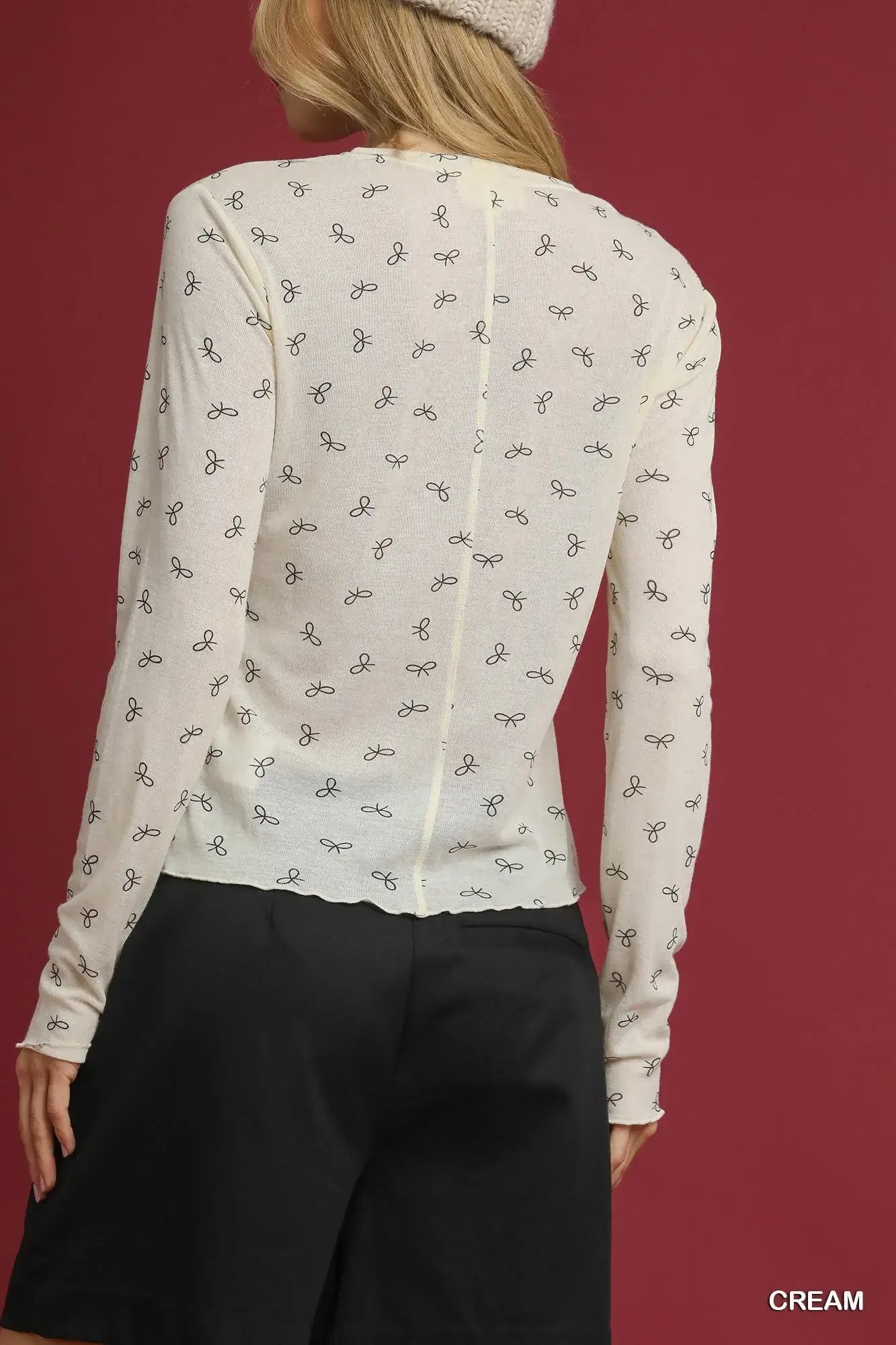 Umgee Bow Print Lightweight Knit Top - Trendsi - Flyclothing LLC