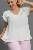 Umgee Full Size V-Neck Double Layered Ruffle Sleeve Blouse Plus Size - Trendsi