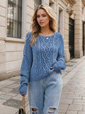 Round Neck Dropped Shoulder Long Sleeve Sweater - Trendsi - Flyclothing LLC