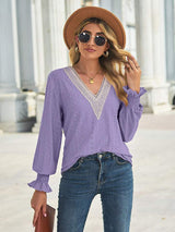 V-Neck Eyelet Flounce Sleeve Blouse - Trendsi - Flyclothing LLC