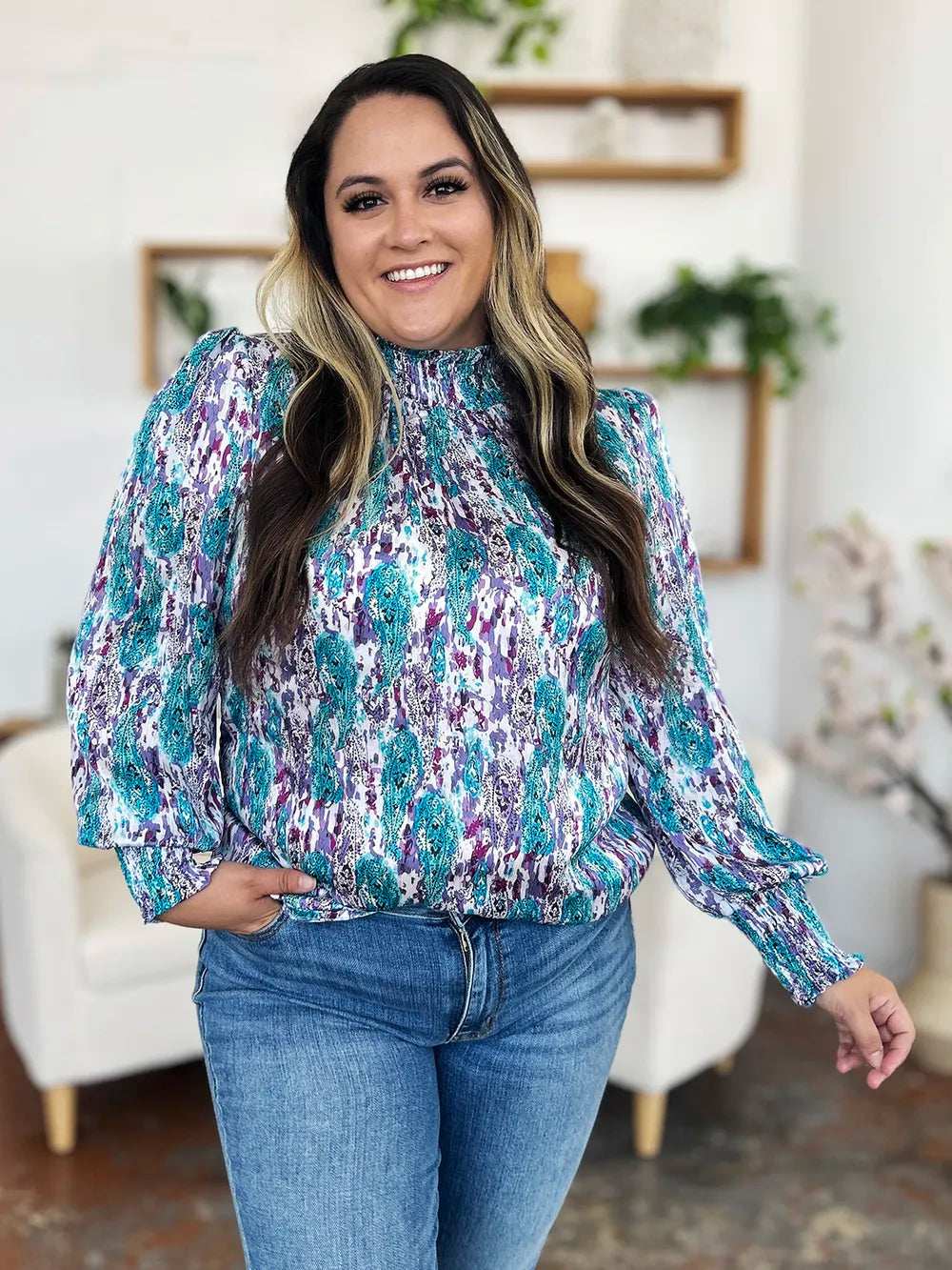 Double Take Full Size Printed Smocked Long Sleeve Blouse - Trendsi - Flyclothing LLC