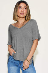 Basic Bae Full Size Bamboo Slit V-Neck Short Sleeve T-Shirt - Trendsi - Flyclothing LLC