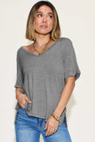 Basic Bae Full Size Bamboo Slit V-Neck Short Sleeve T-Shirt - Trendsi - Flyclothing LLC