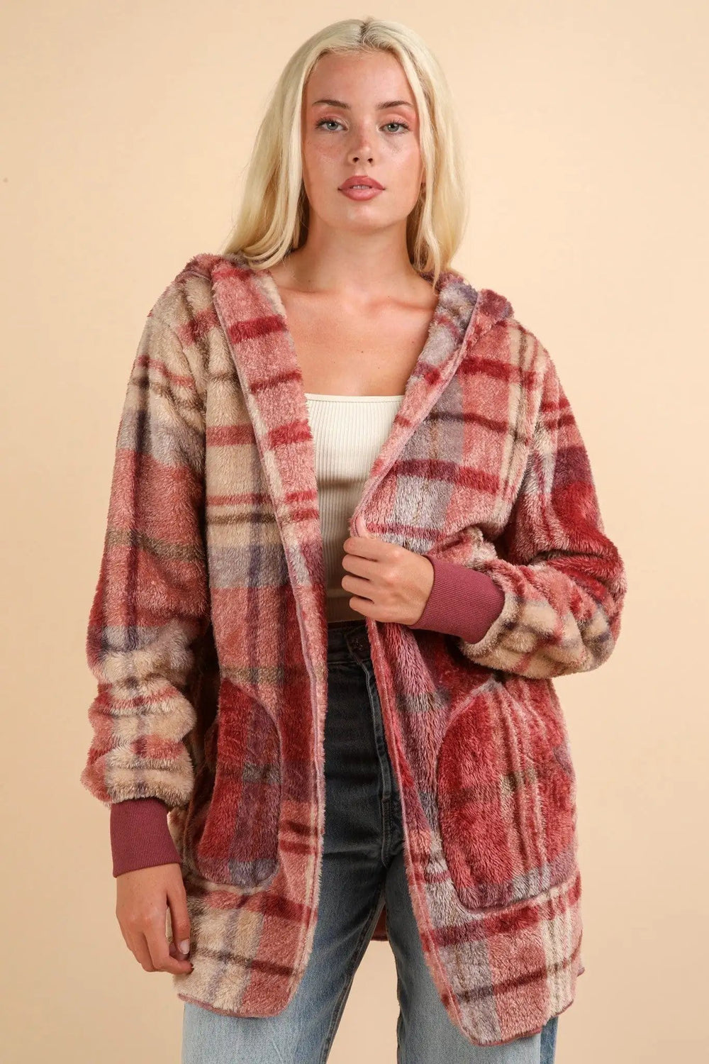 VERY J Fuzzy Plaid Long Sleeve Hooded Jacket - Trendsi