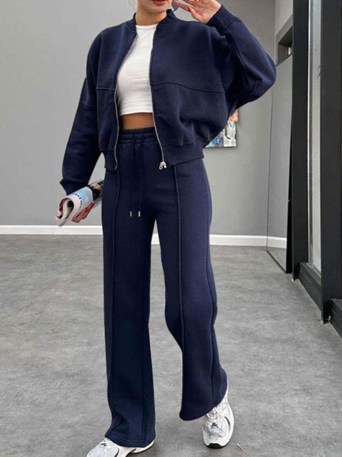 Baseball Collar Zip Up Outerwear and Drawstring Pants Set - Trendsi - Flyclothing LLC