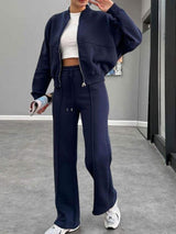 Baseball Collar Zip Up Outerwear and Drawstring Pants Set - Trendsi - Flyclothing LLC