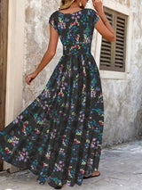 Printed V-Neck Cap Sleeve Maxi Dress - Trendsi - Flyclothing LLC
