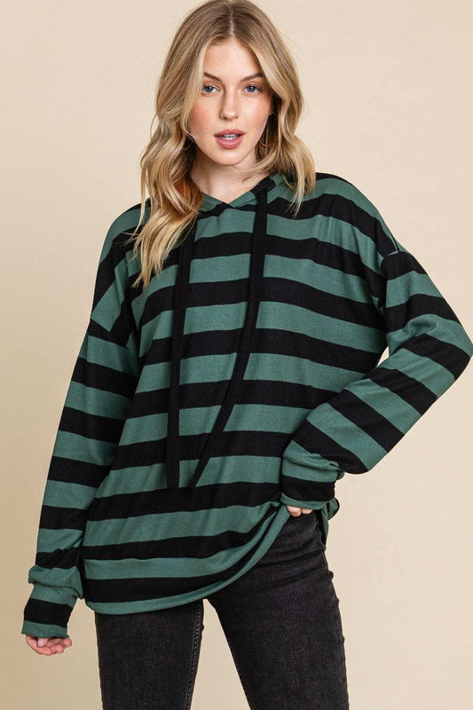BOMBOM Drawstring Striped Dropped Shoulder Hoodie - Trendsi - Flyclothing LLC