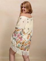 Plus Size Fringe Printed Open Front Cardigan - Trendsi - Flyclothing LLC