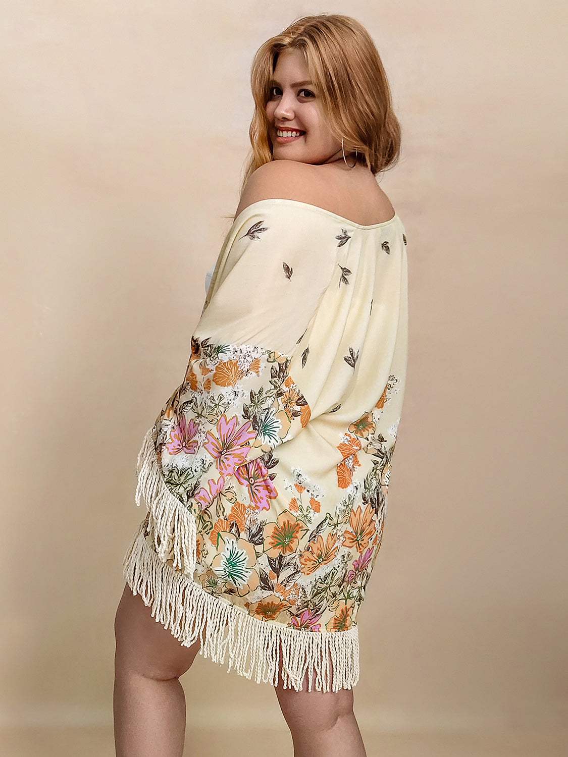 Plus Size Fringe Printed Open Front Cardigan - Trendsi - Flyclothing LLC