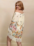 Plus Size Fringe Printed Open Front Cardigan - Trendsi - Flyclothing LLC