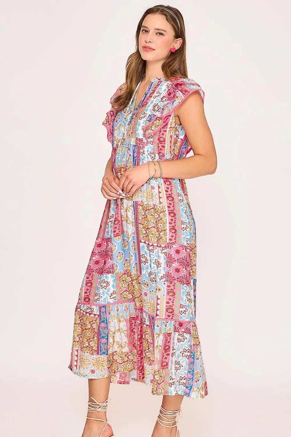 Umgee Full Size Tie Neck Double Layered Ruffle Sleeve Midi Dress Plus Size - Trendsi - Flyclothing LLC