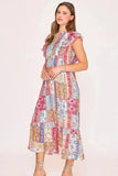 Umgee Full Size Tie Neck Double Layered Ruffle Sleeve Midi Dress Plus Size - Trendsi