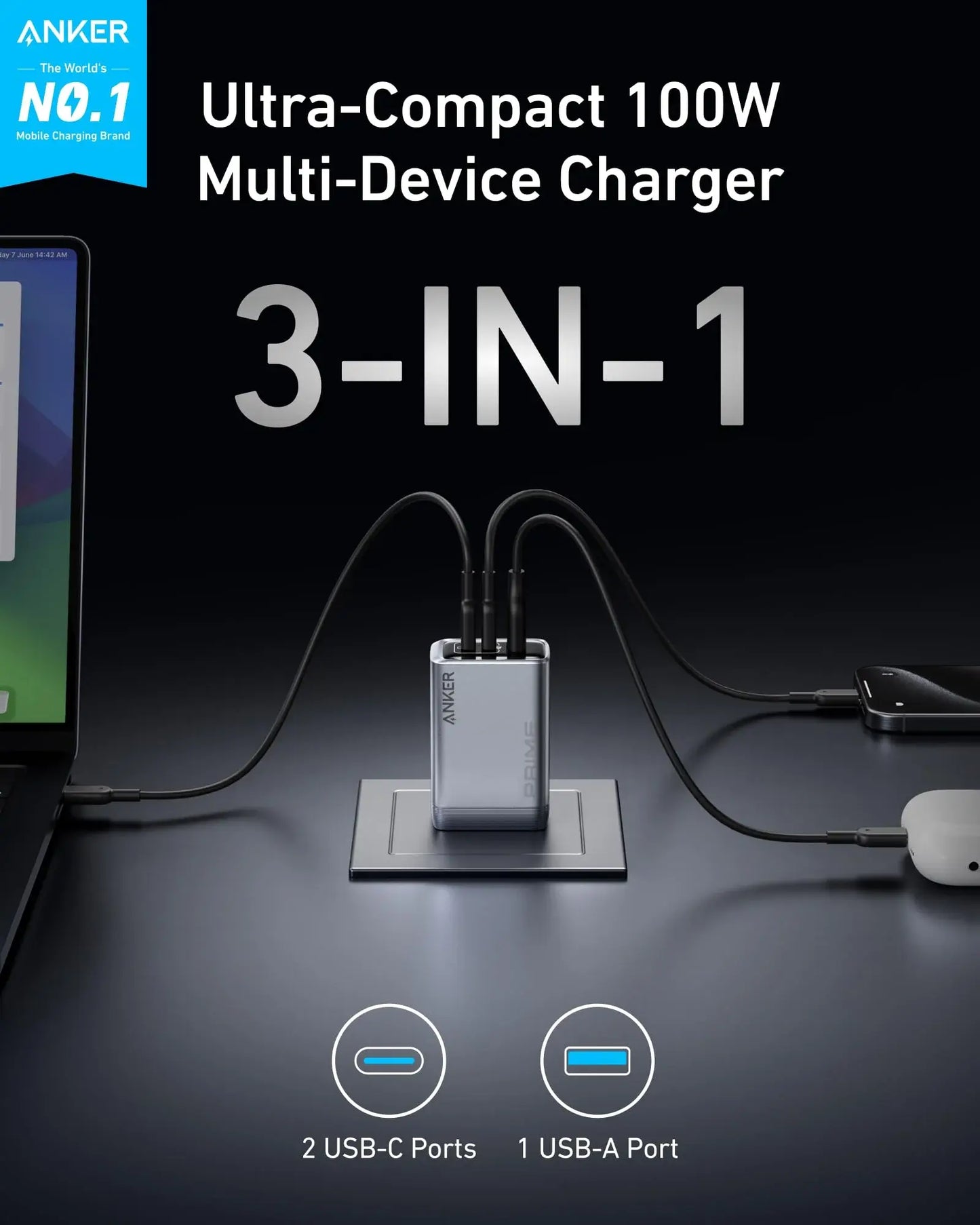 Anker Prime Charger (100W, 3 Ports, GaN) - Anker - Flyclothing LLC