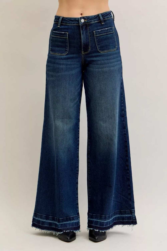 Judy Blue High Waist Palazzo Jeans with Front Patch Pockets - Trendsi - Flyclothing LLC