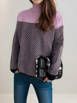 Contrast Turtleneck Long Sleeve Sweater - Trendsi - Flyclothing LLC