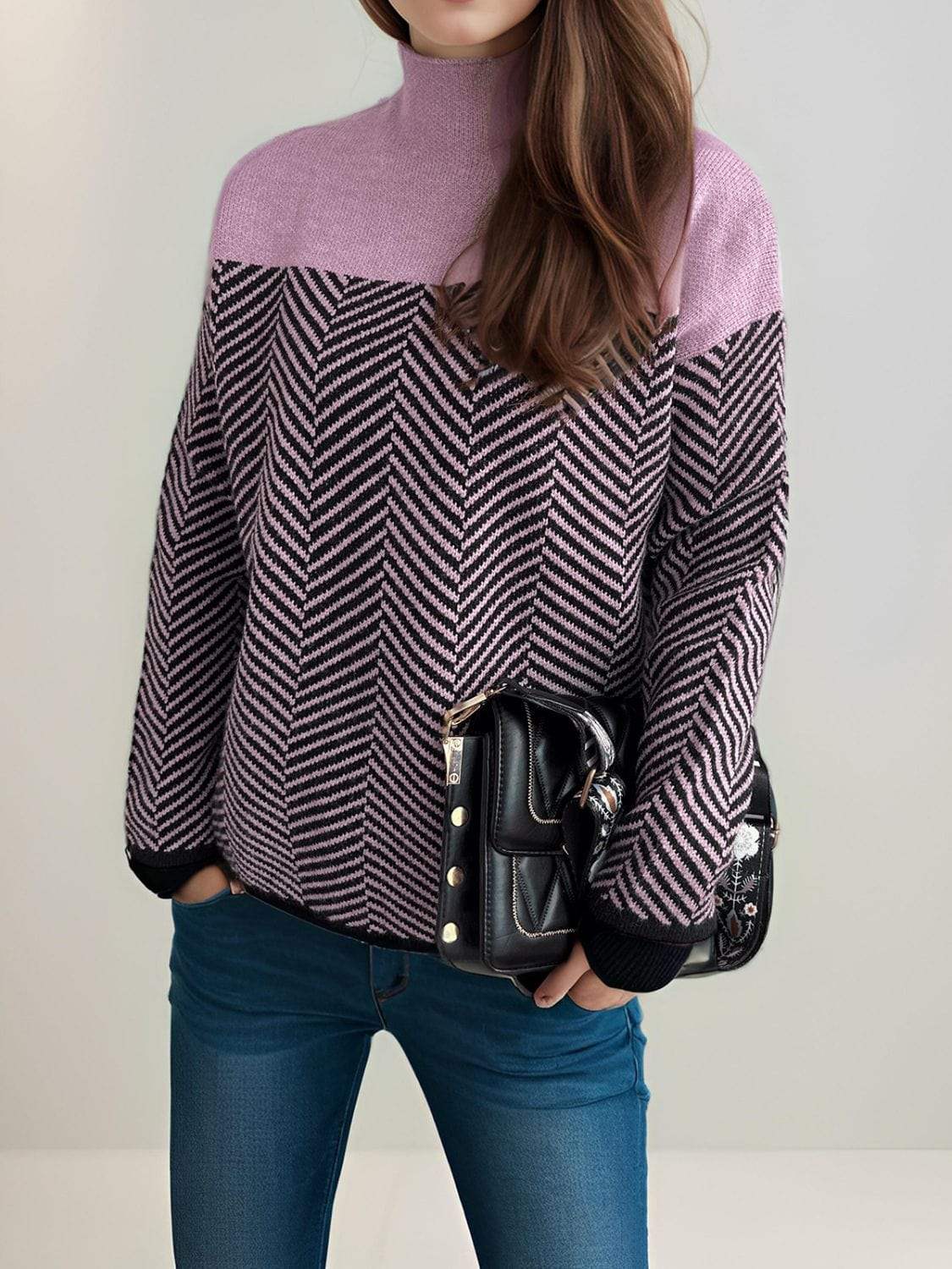 Contrast Turtleneck Long Sleeve Sweater - Trendsi - Flyclothing LLC