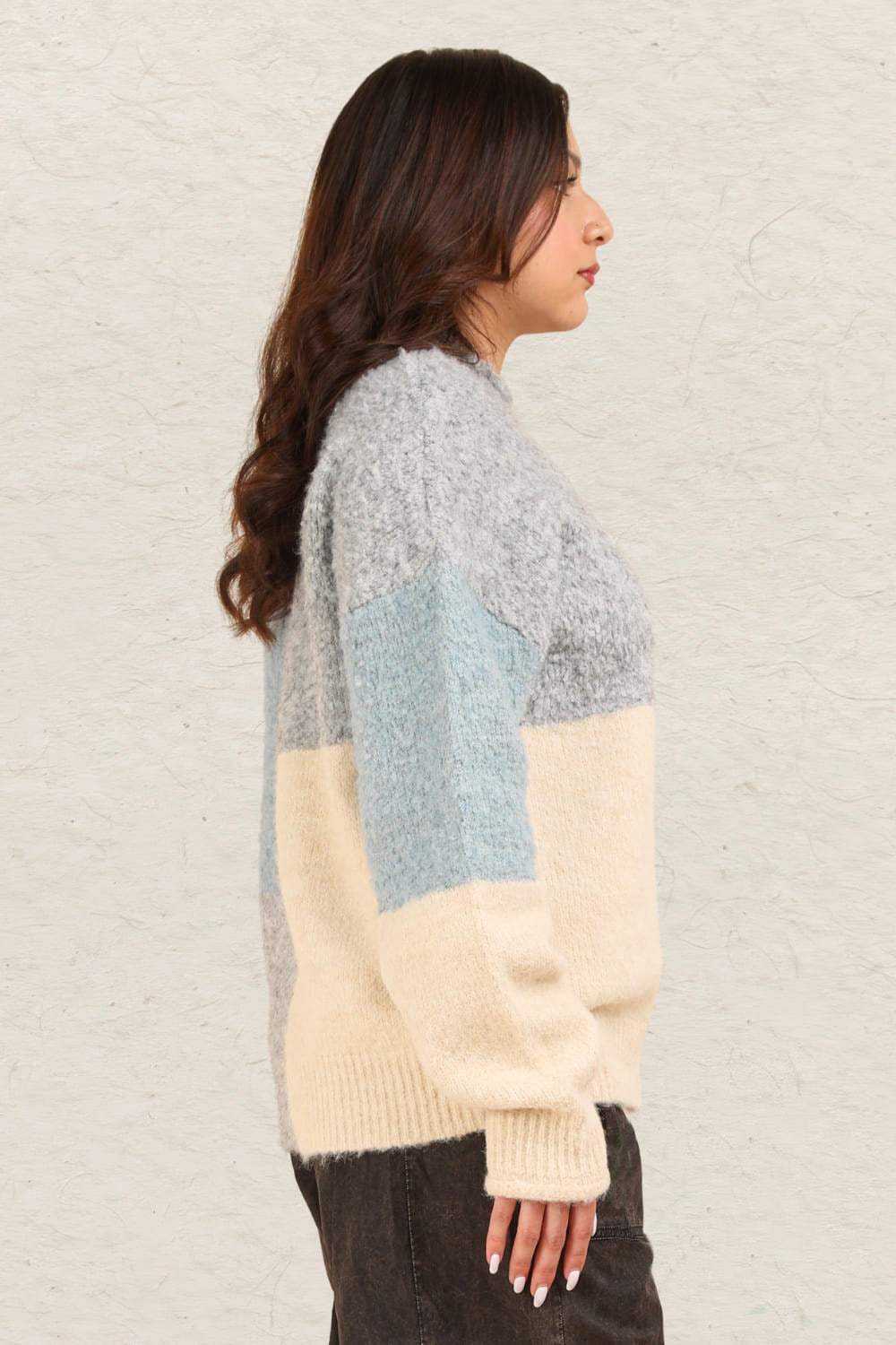 VERY J Color Block Mock Neck Drop Shoulder Sweater - Trendsi - Flyclothing LLC