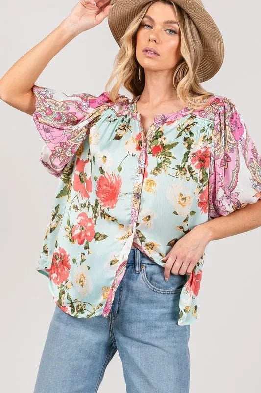 SAGE+FIG Plus Size Floral Mineral Wash French Terry Button Up Shirt - Trendsi - Flyclothing LLC
