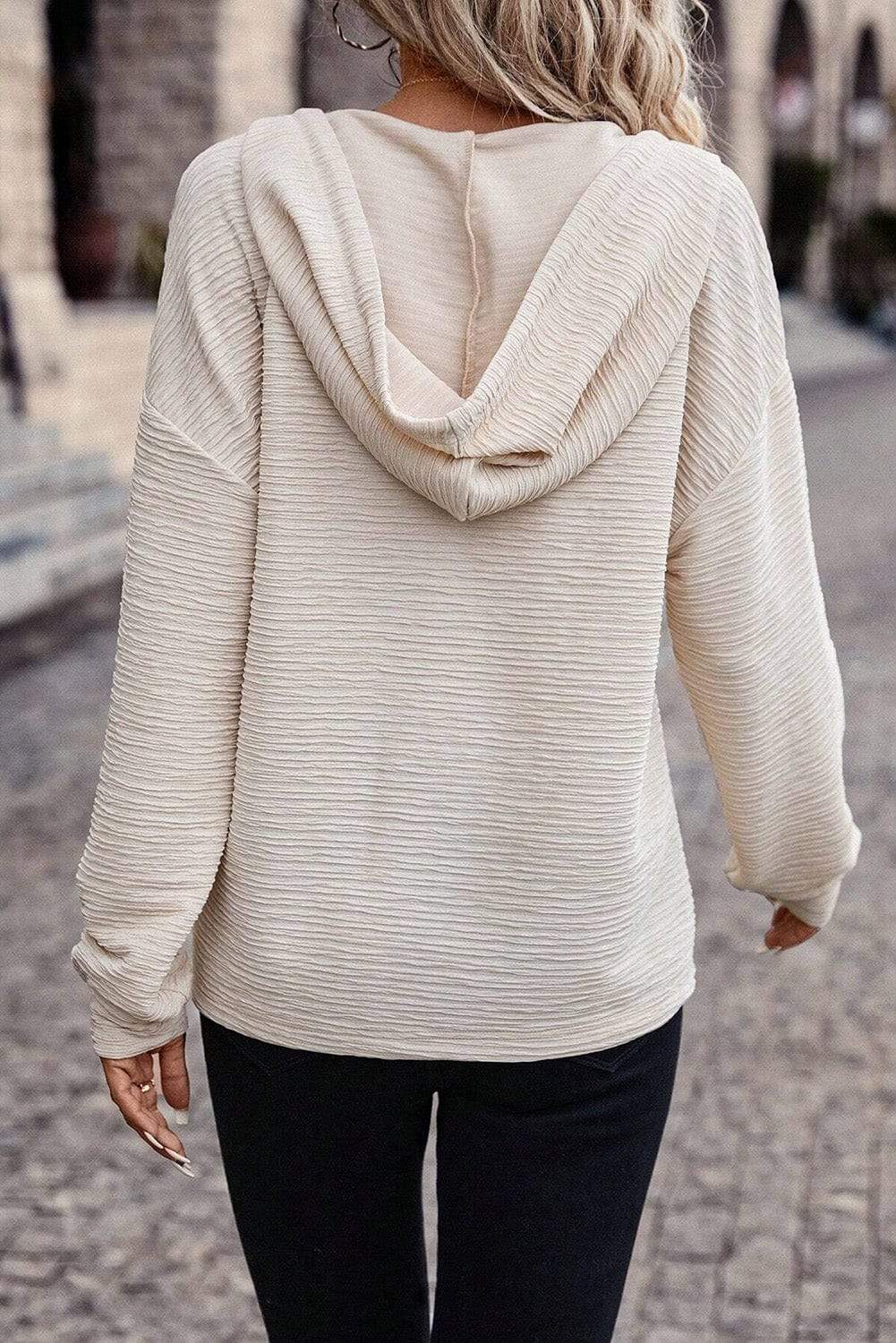 Drawstring Half Button Dropped Shoulder Hoodie - Trendsi - Flyclothing LLC