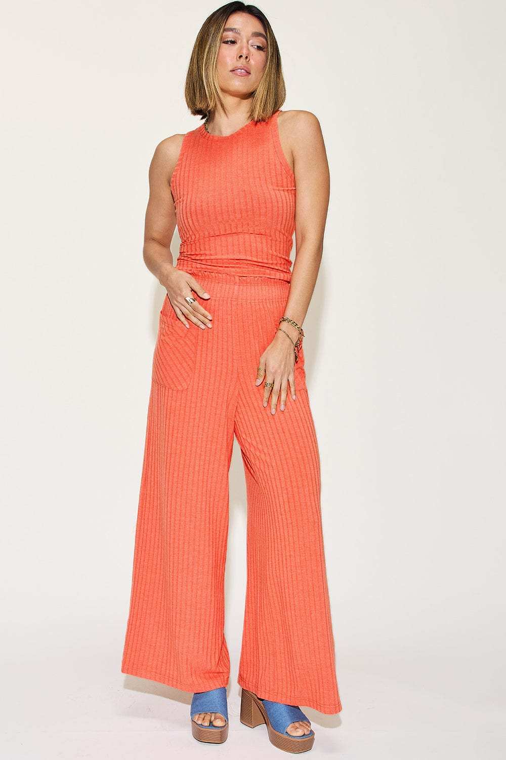 Basic Bae Full Size Ribbed Tank and Wide Leg Pants Set - Trendsi - Flyclothing LLC