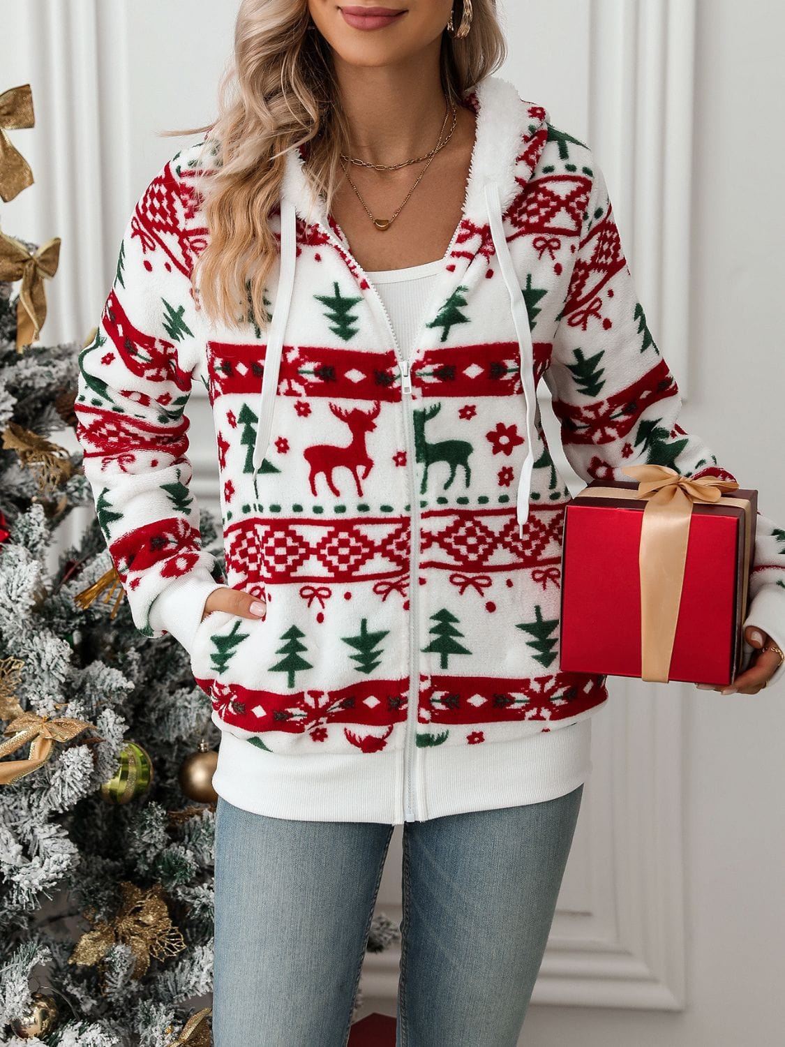 Drawstring Christmas Element Zip Up Hooded Jacket - Trendsi