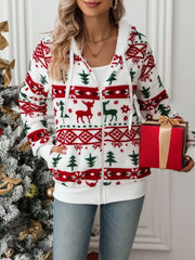 Drawstring Christmas Element Zip Up Hooded Jacket - Trendsi