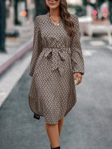 Tied Printed Notched Balloon Sleeve Dress - Trendsi - Flyclothing LLC