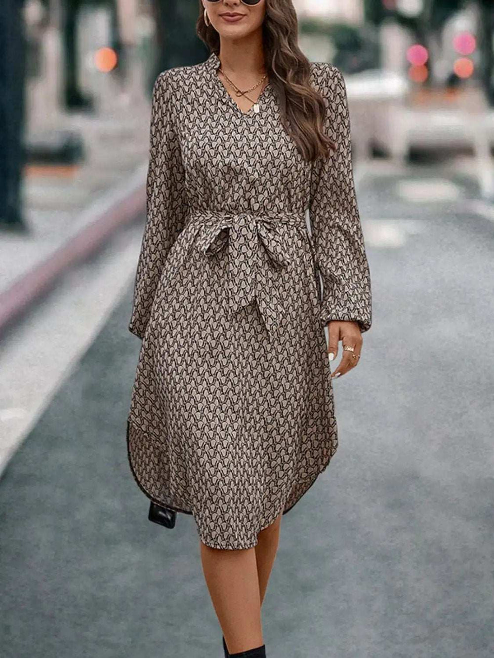 Tied Printed Notched Balloon Sleeve Dress - Trendsi - Flyclothing LLC