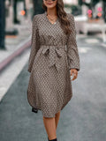 Tied Printed Notched Balloon Sleeve Dress - Trendsi