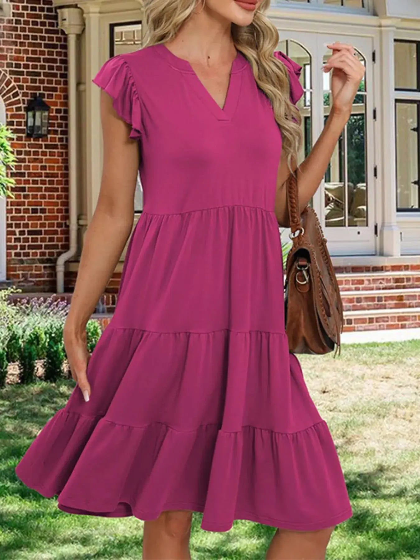 Ruffle Sleeve Tiered Midi Dress - Trendsi - Flyclothing LLC