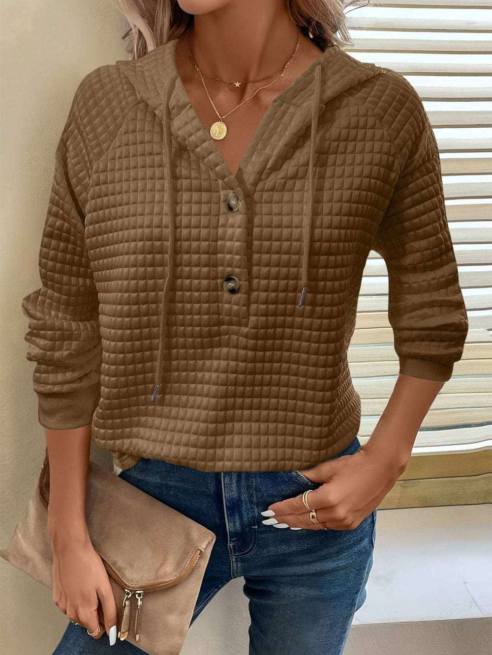 Full Size Texture Button Detail Drawstring Long Sleeve Hoodie - Trendsi - Flyclothing LLC