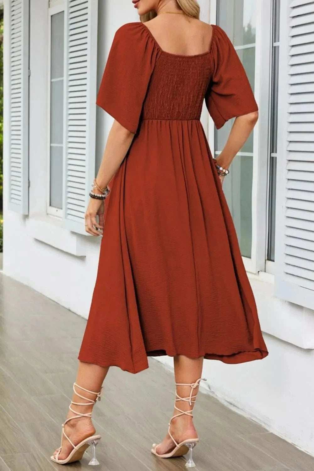 Smocked Tie Front Flutter Sleeve Midi Dress - Trendsi - Flyclothing LLC