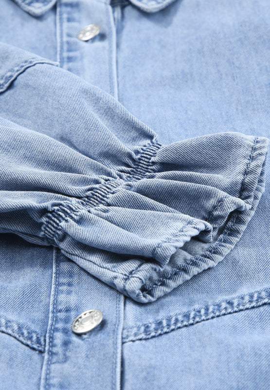 Distressed Collared Neck Flounce Sleeve Denim Dress - Trendsi - Flyclothing LLC